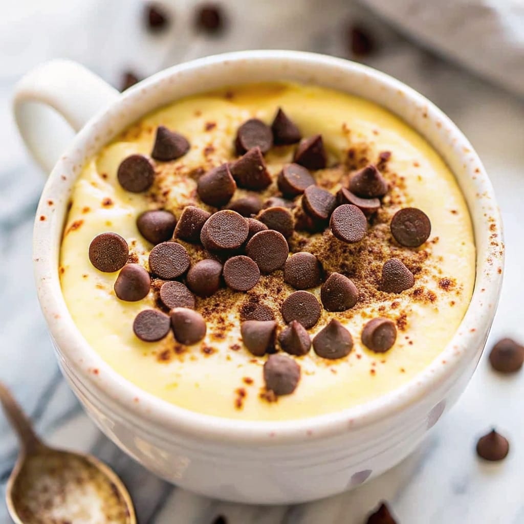 chocolate chip mug cake in white mug